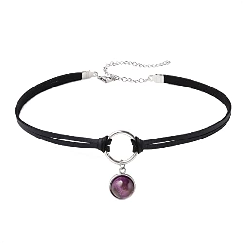 Sacina O Ring Crystal Choker, Black Choker, Boho Hippie Necklace, Gothic Necklace, Christmas Jewelry Gift for Women - color: purple