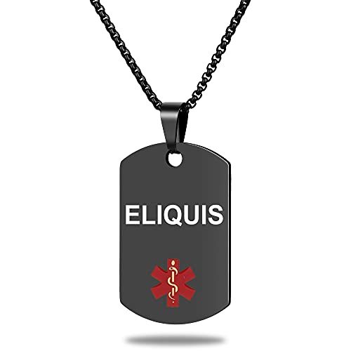 Medical Alert ID Necklace, Laser Engraved ELIQUIS, Stainless Steel Tag Pendant with 23.6 inch Chain for Men Women Emergency First Aid - color: Black, size: ELIQUIS