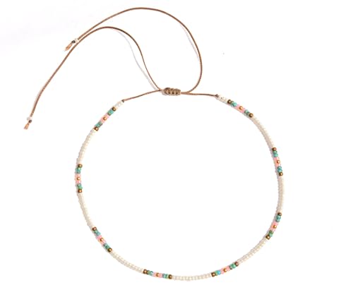 Beaded Choker Necklace for women and Teen Girls, Boho Bohemian Adjustable Colorful Seed Beads Necklace, Handmade Native American Style Jewelry by TRIBES - color: Pearl, Turquoise, Pink, style: Single Necklace