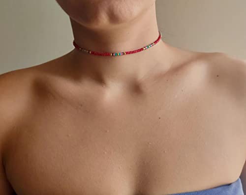 Beaded Choker Necklace for women and Teen Girls, Boho Bohemian Adjustable Colorful Seed Beads Necklace, Handmade Native American Style Jewelry by TRIBES - color: Burgundy Multicolor, style: Single Necklace