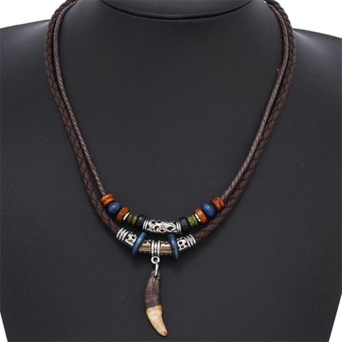 Leather Necklace with Stainless Steel Pendant for Men Women, Vintage Hemp Rope Tribal Choker Necklaces Adjustable 18-30 inch, Clasp-Free Long Necklace - color: Boho Teeth Pendant