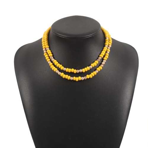 COLORFUL BLING Layered Boho Wood Beaded Choker Necklace Vintage Natural Wooden Bead Collar Necklace for Women Handmade Tribal Bohemian Jewelry - color: Yellow