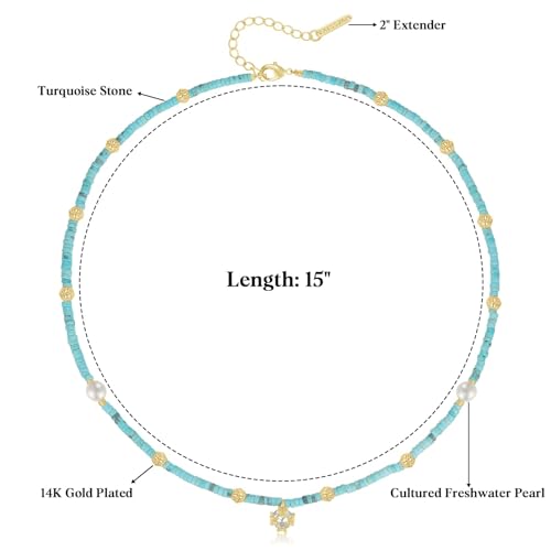 KissYan Beaded Choker Necklace for Women, Colorful Natural Gemstones Pearl Choker 14K Gold Plated Pendant Healing Crystal Necklace Handmade Stone Jewelry Gift - color: J-Turquoise