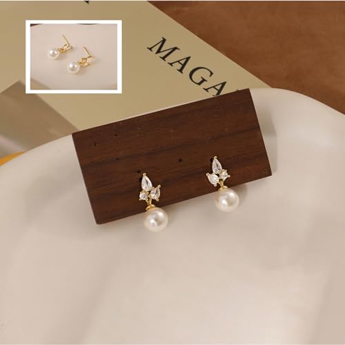 Hayopi Pearl Earrings for Women - Dainty Gold Dangle Drop Earrings, 14k Gold Plated Cute Bow Design, Hypoallergenic Pearl Studs, Wedding Jewelry Gifts - color: GOLD-3 CZ Pearl