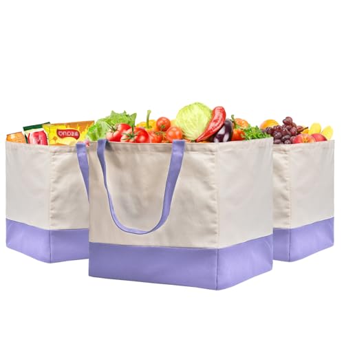 Reusable Grocery Bags Heavy Duty, 8.3 gal Foldable Large Canvas Tote Bag with Handles, Holds 60 lbs Canvas Shopping Bags, 3 Pack（Off White+Light purple） - color: [A1] Off White / Light Purple, size: 3 Pack