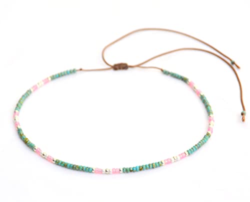 Beaded Choker Necklace for women and Teen Girls, Boho Bohemian Adjustable Colorful Seed Beads Necklace, Handmade Native American Style Jewelry by TRIBES - color: Turquoise & Pink, style: Single Necklace