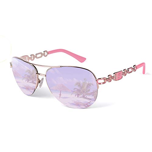 FONHCOO Aviator Sunglasses for Women Men Metal Frame UV400 Mirrored Sunglasses - color: Pink