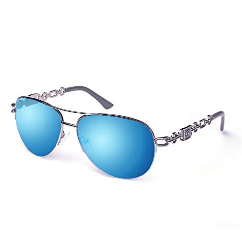 FONHCOO Aviator Sunglasses for Women Men Metal Frame UV400 Mirrored Sunglasses - color: Blue