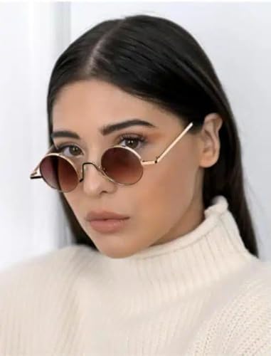SORVINO Retro Small Round Sunglasses for Men Women Vintage Style Metal Frame - color: Gold Frame/Gradient Brown Lens