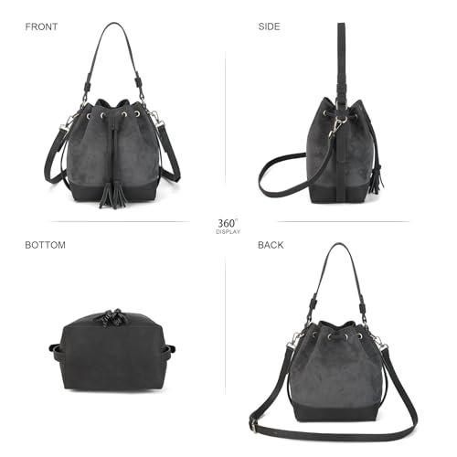 AFKOMST Faux Suede Bucket Bags and Drawstring Crossbody Purse for Women Medium Tote Handbags with 2 Shouder Straps | Fit Pad mini, Long Wallet, Removable Long Strap - color: Grey