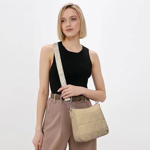 Anti Theft Crossbody Bags for Women,Quilted Puffer Travel Purses Shoulder Hobo Bag Handbag with Guitar Strap - color: Khaki