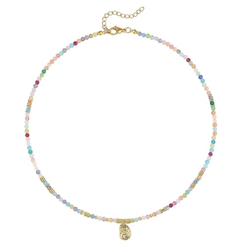 KissYan Beaded Choker Necklace for Women, Colorful Natural Gemstones Pearl Choker 14K Gold Plated Pendant Healing Crystal Necklace Handmade Stone Jewelry Gift - color: W-Rainbow