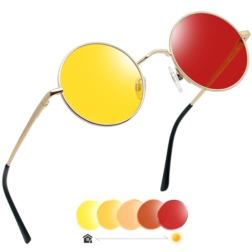 Joopin Retro Small Round Sunglasses Hippie Circle Sun Glasses Polarized UV400 Protection Metal Shades for Men Women - color: Golden Frame Yellow Change Red Lens