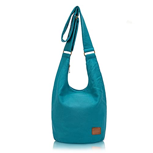 Coton Pose Women Hippie Crossbody Bag - Top Zip Large Capacity Canvas Sling Bag - Jacquard Cloth Handmade - color: Peacock Blue