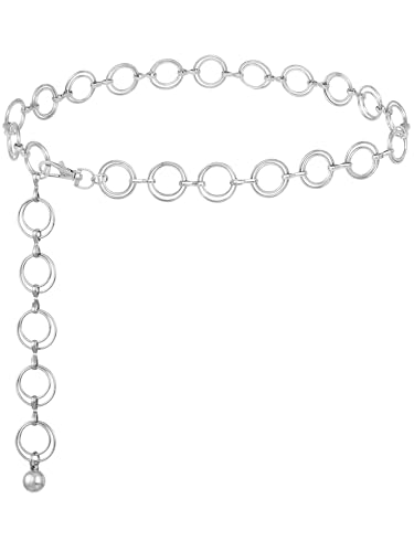 FIORETTO Chain Belt for Women Metal Waist Chain Fashion Multilayer Chain Belts for Dress - color: Double O Ring-silver, size: Fit Waist up to 40"