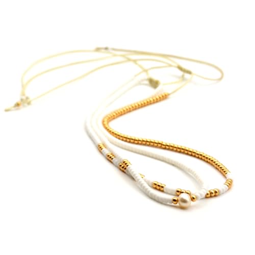 Beaded Choker Necklace for women and Teen Girls, Boho Bohemian Adjustable Colorful Seed Beads Necklace, Handmade Native American Style Jewelry by TRIBES - color: White & Gold, style: Set of 2 Necklaces