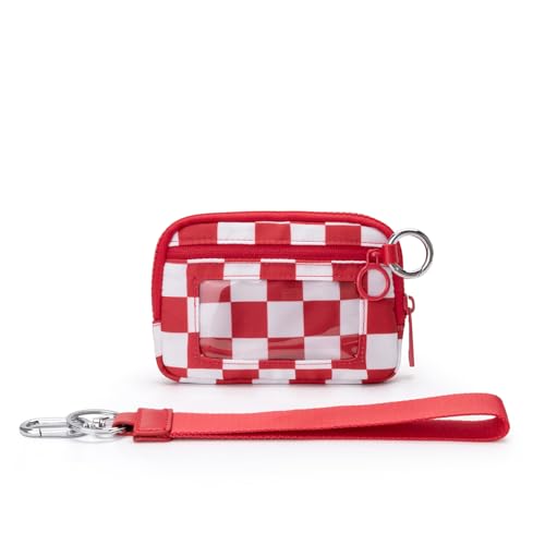 Nylon Wristlet Wallet for Women,Quilted RFID Blocking Small Zipper Coin Purse Keychain Wallet with ID Window Lightweight Travel Wristlet wallet - color: Red White Lattice