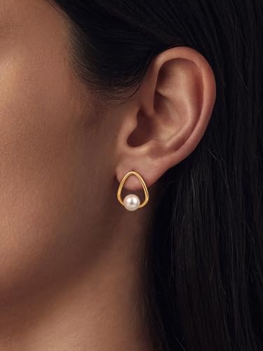 14K Gold Plated Pearl Earrings for Women, Dainty Pearl Drop Dangle Earring for Women Trendy Cubic Zirconia Simple Earrings Fashion Jewelry for Women - color: Gold O shaped