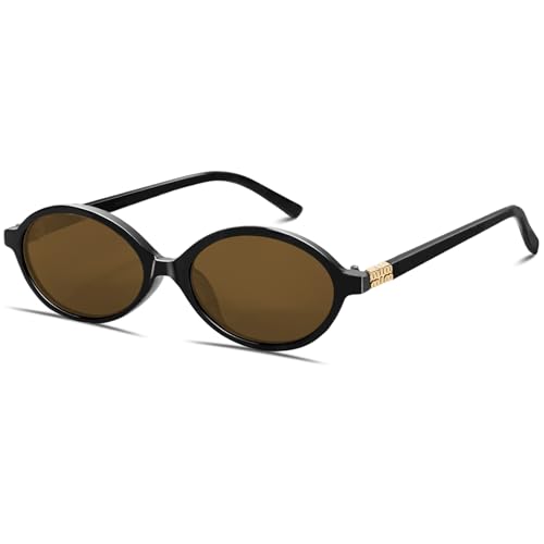 BOTEN Retro Oval Sunglasses for Women Men Small 90s Sun Glasses Trendy Round Shades Cute Designer Sunnies - color: Black Frame - Brown Lens