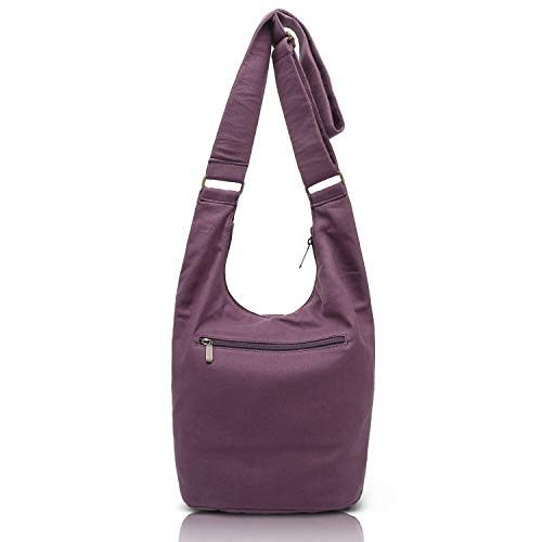 Coton Pose Women Hippie Crossbody Bag - Top Zip Large Capacity Canvas Sling Bag - Jacquard Cloth Handmade - color: Purple