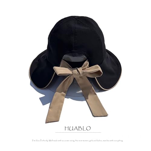 Wide Brim Hats for Woman Foldable Hats Sun Hats for Women uv Protection Bowknot Bucket hat Adjustable hat with Ponytail Hole - color: Black
