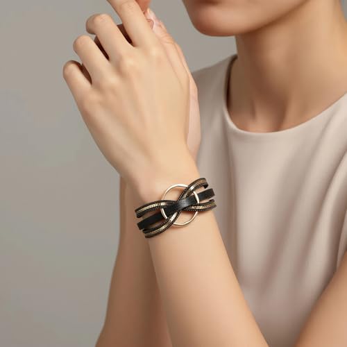Edoneery Leather Wrap Bracelet for Women, Boho Handmade Multi-Layer Cuff with Crystal Beads Heart, Stackable Bangle Western Jewelry Gift - style: Circle(Black)