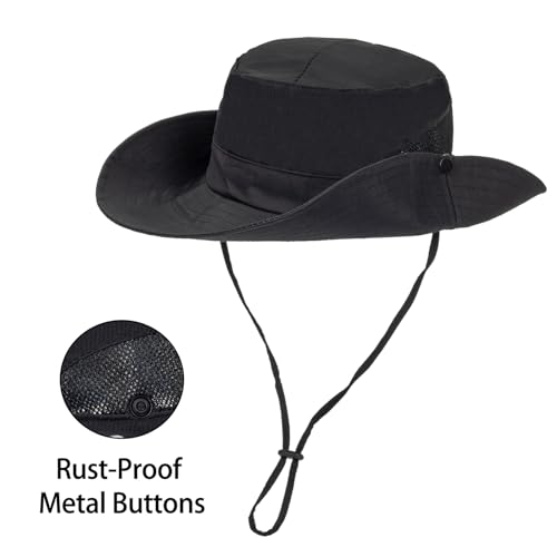 Womens Summer Sun Hat Beach Hat Wide Brim Outdoor UV Protection Hat Packable Mesh Bucket Hat with Ponytail Hole - color: Solid Black