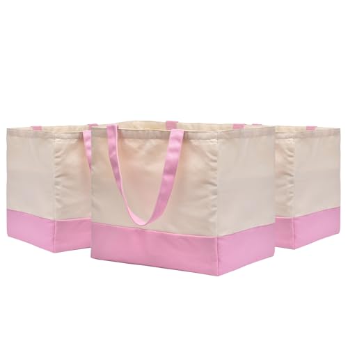 3 Pack Canvas Reusable Grocery Bags Heavy Duty, 8.3 gal Foldable Large Tote Bag with Handles, Holds 60 lbs Canvas Shopping Bags & Washable Eco-friendly Bags with 5 Pockets, Pink+Off white - color: [A1] Off White / Pink, size: 3 Pack