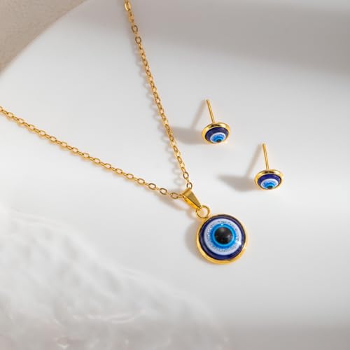 Women's evil eye necklace, earrings 14K gold-plated exquisite necklace blue and white zircon diamond pendant necklace cute bohemian style mini evil eye lucky amulet jewelry (Gold colour, Necklaces and earrings)