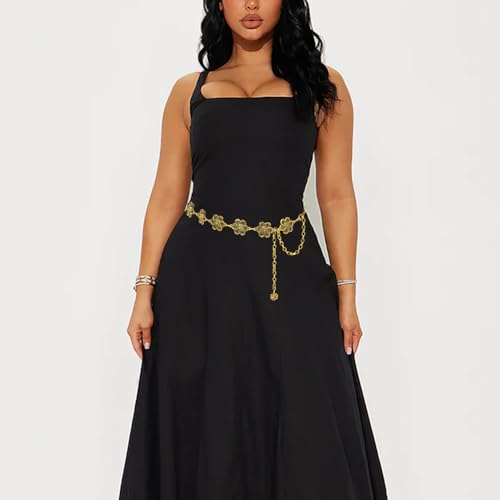 Women's Western Chain Belt Boho Waist Chain Chunky Metal Belts for Dresses - color: Flower Gold, size: Fits Waist 47"-53"