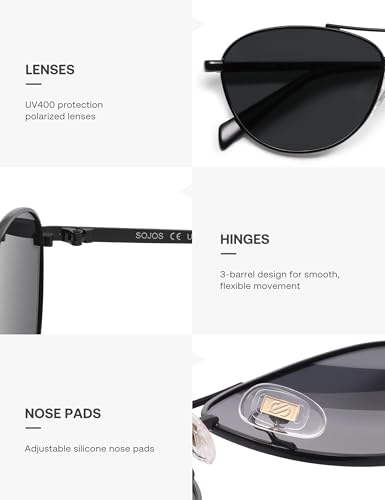 SOJOS Retro Polarized Aviator Sunglasses for Women Men Vintage 70s Style UV Protection Womens Mens Sun Glasses SJ1265 - color: Black/Grey