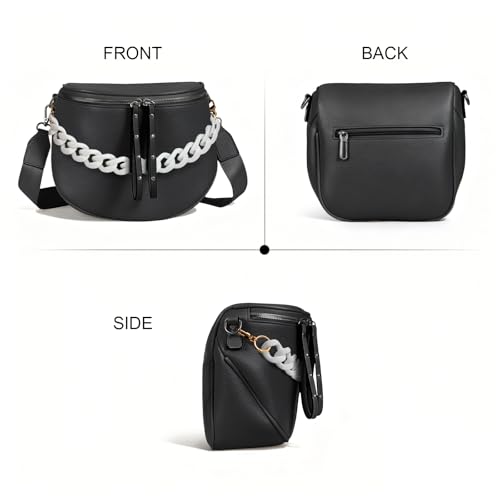 Crossbody Bags for Women, Large Vegan Leather Trendy Bum Bag - color: Black + White Chain