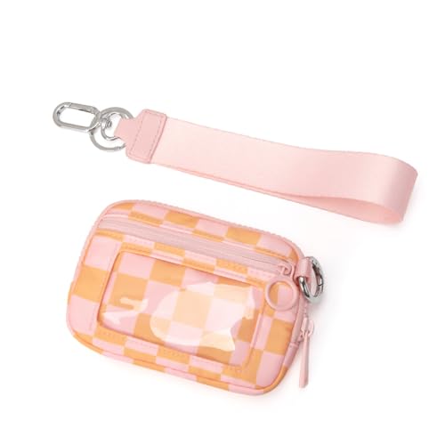 Nylon Wristlet Wallet for Women,Quilted RFID Blocking Small Zipper Coin Purse Keychain Wallet with ID Window Lightweight Travel Wristlet wallet - color: Orange Pink