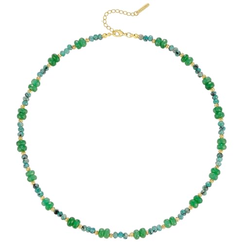 KissYan Beaded Choker Necklace for Women, Colorful Natural Gemstones Pearl Choker 14K Gold Plated Pendant Healing Crystal Necklace Handmade Stone Jewelry Gift - color: R-Green Agate