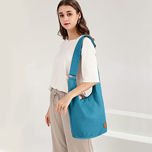 Coton Pose Women Hippie Crossbody Bag - Top Zip Large Capacity Canvas Sling Bag - Jacquard Cloth Handmade - color: Peacock Blue