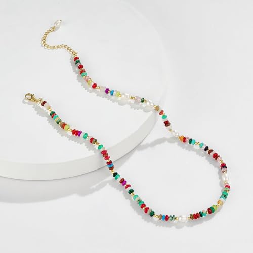KissYan Beaded Choker Necklace for Women, Colorful Natural Gemstones Pearl Choker 14K Gold Plated Pendant Healing Crystal Necklace Handmade Stone Jewelry Gift - color: P-Rainbow