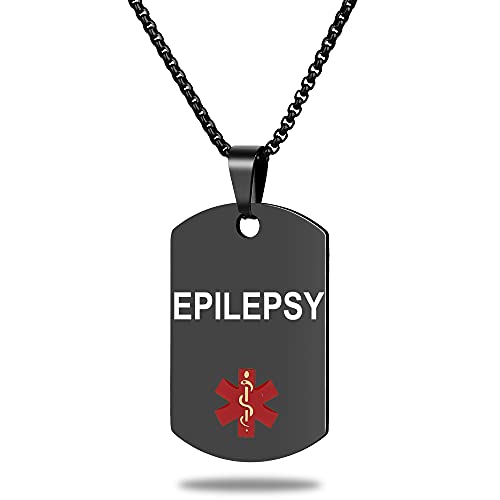 Medical Alert ID Necklace, Laser Engraved EPILEPSY, Stainless Steel Tag Pendant with 23.6 inch Chain for Men Women Emergency First Aid - color: Black, size: EPILEPSY