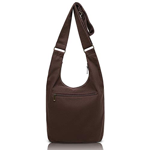 Coton Pose Women Hippie Crossbody Bag - Top Zip Large Capacity Canvas Sling Bag - Jacquard Cloth Handmade - color: Brown