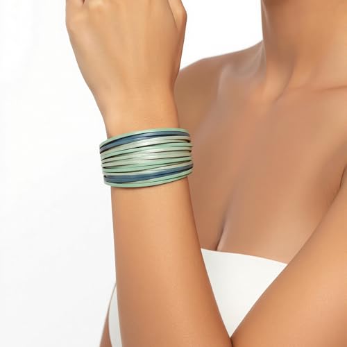 Edoneery Leather Wrap Bracelet for Women, Boho Handmade Multi-Layer Cuff with Crystal Beads Heart, Stackable Bangle Western Jewelry Gift - style: Leather(LakeBlue)