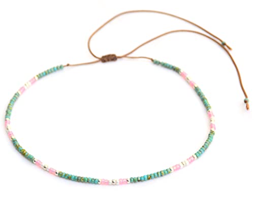 Beaded Choker Necklace for women and Teen Girls, Boho Bohemian Adjustable Colorful Seed Beads Necklace, Handmade Native American Style Jewelry by TRIBES - color: Turquoise & Pink, style: Single Necklace