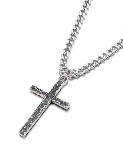 925 Sterling Silver Cross Necklace Men - Oxidized Hammered Cross Pendant with Stainless Steel Cuban Link Curb Chain Vintage Unique Crucifix Necklaces Silver Jewelry for Mens Women 16-30 Inches