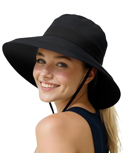 Senker Fashion Sun Hats for Women UV Protection, Waterproof Ponytail Wide Brim Bucket Hat for Summer Beach Gardening Travel - color: Black