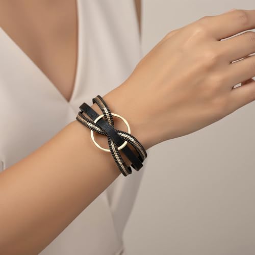 Edoneery Leather Wrap Bracelet for Women, Boho Handmade Multi-Layer Cuff with Crystal Beads Heart, Stackable Bangle Western Jewelry Gift - style: Circle(Black)