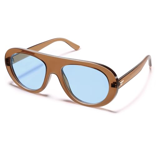 VANLINKER Oversized Retro Aviator Sunglasses for Women Men Chic 70s Vintage Style Trendy 2026 Chunky Sun Glasses VL9865 - color: C3 Transparent Brown Frame/Blue Lenses