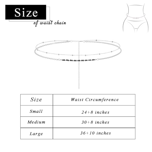 Waist Chain Silver Beads Belly Chain Gold Women Dainty Body Jewelry Accessories for Beach - size: 30+8 inches, style: Silver Black Beads