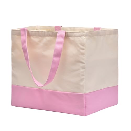 Canvas Reusable Grocery Bags Heavy Duty, 8.3 gal Foldable Large Tote Bag with Handles, Holds 60 lbs Canvas Shopping Bags, 1 Pack - color: [A1] Off White / Pink, size: 1 Pack