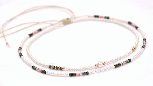 Beaded Choker Necklace for women and Teen Girls, Boho Bohemian Adjustable Colorful Seed Beads Necklace, Handmade Native American Style Jewelry by TRIBES - color: Pearl, Turquoise, Pink, style: Set of 2 Necklaces