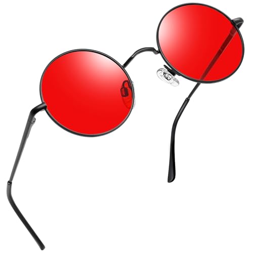 Joopin Retro Small Round Sunglasses Hippie Circle Sun Glasses Polarized UV400 Protection Metal Shades for Men Women - color: A07-black Frame Tint Red Lens