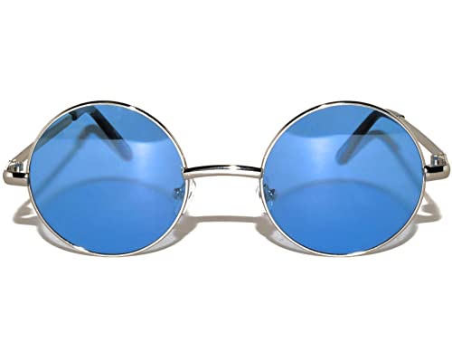 OWL Round Retro Small Circle Tint & Mirror Colored Lens 43-55 mm Sunglasses Metal - color: 43mm Silver / Blue