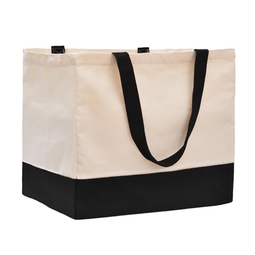 Heavy Duty Canvas Reusable Grocery Bags - 8.3 Gal Foldable Large Tote with Handles, Holds 60 lbs & Washable Eco-friendly Bags with 5 Pockets, Off White Black - color: [A0] Off White / Black, size: 1 Pack